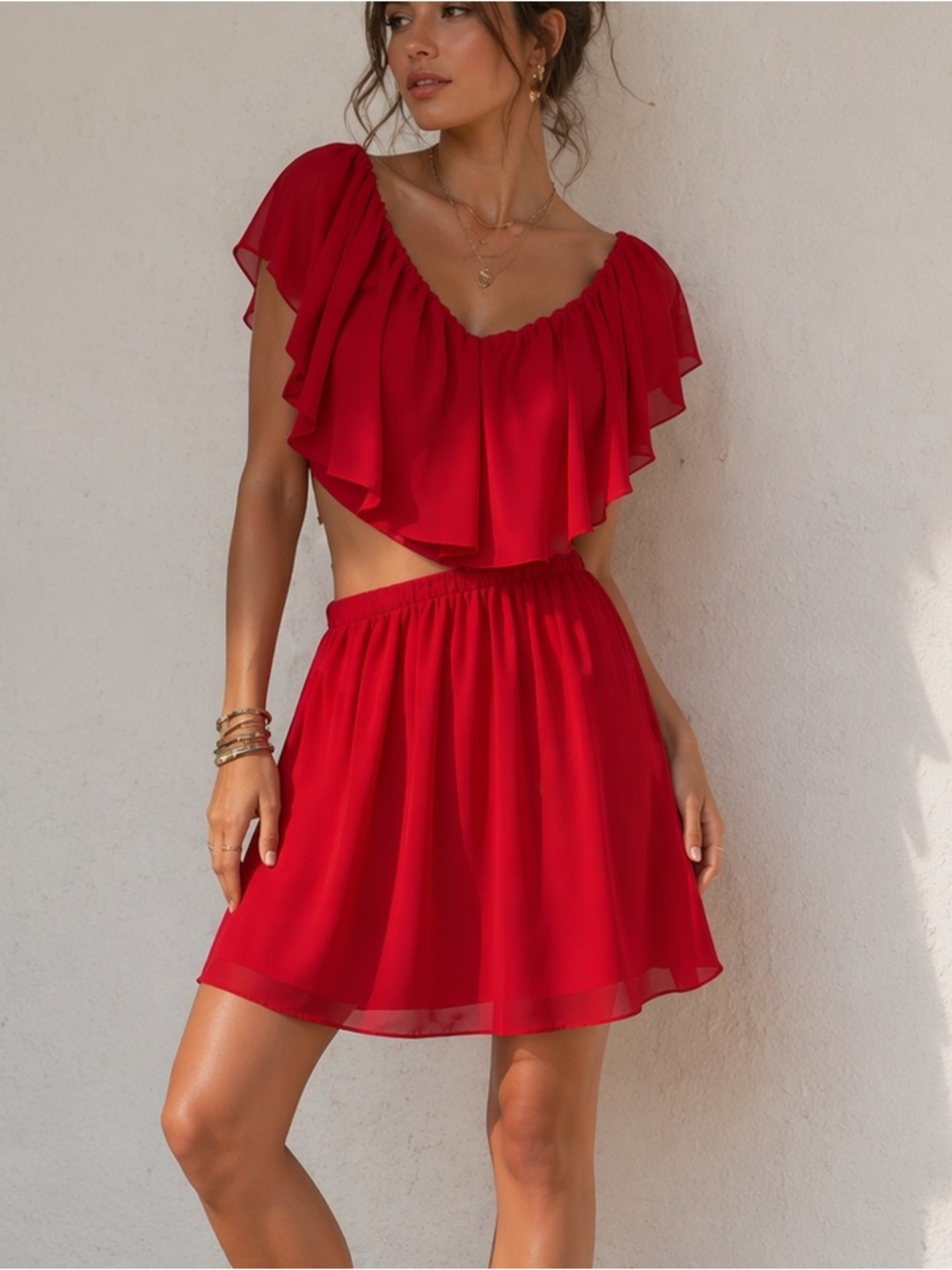 Wet Seal Red Chiffon V Neck A Line Cutout Mini Dress size Small